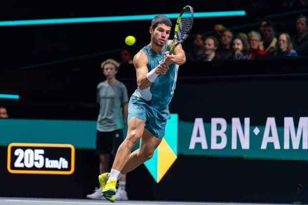 2025-02-09 ABN AMRO Open Day Seven ROTTERDAM, NETHERLANDS - FEBRUARY 9: Carlos Alcaraz of Spain in action during Day Seven of the ABN AMRO Open at Rotterdam Ahoy on February 9, 2025 in Rotterdam, Netherlands. (Photo by Joris Verwijst BSR Agency) Rotterdam Netherlands Content not available for redistribution in The Netherlands directly or indirectly through any third parties. Copyright: xBSRxAgencyx