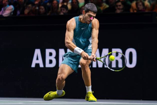 2025-02-09 ABN AMRO Open Day Seven ROTTERDAM, NETHERLANDS - FEBRUARY 9: Carlos Alcaraz of Spain in action during Day Seven of the ABN AMRO Open at Rotterdam Ahoy on February 9, 2025 in Rotterdam, Netherlands. (Photo by Joris Verwijst BSR Agency) Rotterdam Netherlands Content not available for redistribution in The Netherlands directly or indirectly through any third parties. Copyright: xBSRxAgencyx