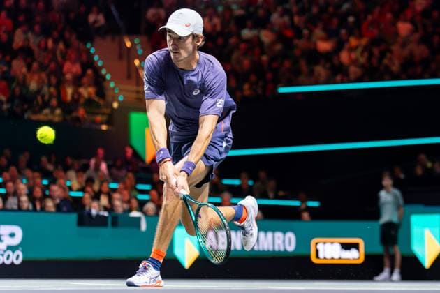 2025-02-09 ABN AMRO Open Day Seven ROTTERDAM, NETHERLANDS - FEBRUARY 9: Alex De Minaur of Australia in action during Day Seven of the ABN AMRO Open at Rotterdam Ahoy on February 9, 2025 in Rotterdam, Netherlands. (Photo by Joris Verwijst BSR Agency) Rotterdam Netherlands Content not available for redistribution in The Netherlands directly or indirectly through any third parties. Copyright: xBSRxAgencyx