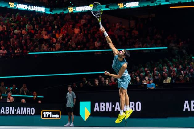 2025-02-09 ABN AMRO Open Day Seven ROTTERDAM, NETHERLANDS - FEBRUARY 9: Carlos Alcaraz of Spain in action during Day Seven of the ABN AMRO Open at Rotterdam Ahoy on February 9, 2025 in Rotterdam, Netherlands. (Photo by Joris Verwijst BSR Agency) Rotterdam Netherlands Content not available for redistribution in The Netherlands directly or indirectly through any third parties. Copyright: xBSRxAgencyx