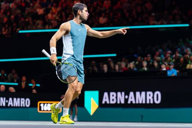 2025-02-09 ABN AMRO Open Day Seven ROTTERDAM, NETHERLANDS - FEBRUARY 9: Carlos Alcaraz of Spain reacts during Day Seven of the ABN AMRO Open at Rotterdam Ahoy on February 9, 2025 in Rotterdam, Netherlands. (Photo by Joris Verwijst BSR Agency) Rotterdam Netherlands Content not available for redistribution in The Netherlands directly or indirectly through any third parties. Copyright: xBSRxAgencyx