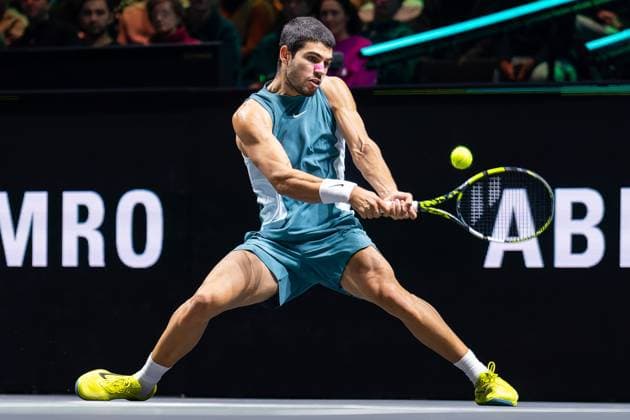 2025-02-09 ABN AMRO Open Day Seven ROTTERDAM, NETHERLANDS - FEBRUARY 9: Carlos Alcaraz of Spain in action during Day Seven of the ABN AMRO Open at Rotterdam Ahoy on February 9, 2025 in Rotterdam, Netherlands. (Photo by Joris Verwijst BSR Agency) Rotterdam Netherlands Content not available for redistribution in The Netherlands directly or indirectly through any third parties. Copyright: xBSRxAgencyx