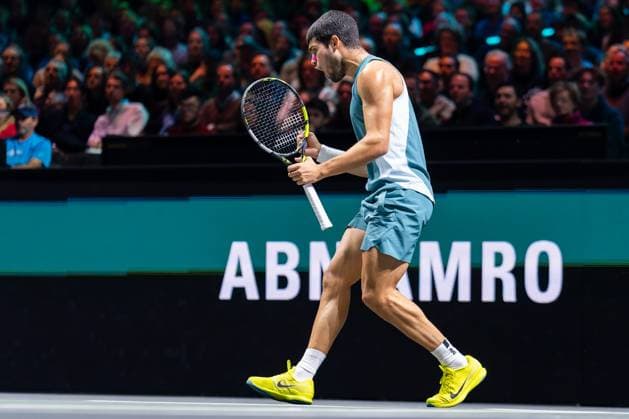 2025-02-09 ABN AMRO Open Day Seven ROTTERDAM, NETHERLANDS - FEBRUARY 9: Carlos Alcaraz of Spain celebrating during Day Seven of the ABN AMRO Open at Rotterdam Ahoy on February 9, 2025 in Rotterdam, Netherlands. (Photo by Joris Verwijst BSR Agency) Rotterdam Netherlands Content not available for redistribution in The Netherlands directly or indirectly through any third parties. Copyright: xBSRxAgencyx