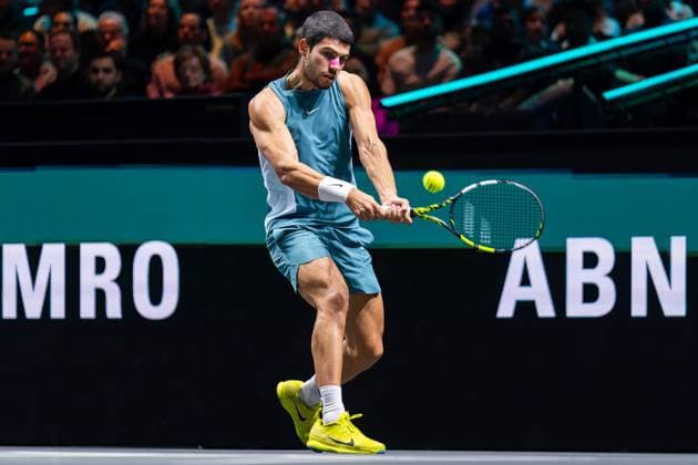 2025-02-09 ABN AMRO Open Day Seven ROTTERDAM, NETHERLANDS - FEBRUARY 9: Carlos Alcaraz of Spain in action during Day Seven of the ABN AMRO Open at Rotterdam Ahoy on February 9, 2025 in Rotterdam, Netherlands. (Photo by Joris Verwijst BSR Agency) Rotterdam Netherlands Content not available for redistribution in The Netherlands directly or indirectly through any third parties. Copyright: xBSRxAgencyx