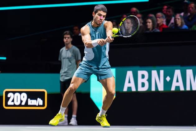 2025-02-09 ABN AMRO Open Day Seven ROTTERDAM, NETHERLANDS - FEBRUARY 9: Carlos Alcaraz of Spain in action during Day Seven of the ABN AMRO Open at Rotterdam Ahoy on February 9, 2025 in Rotterdam, Netherlands. (Photo by Joris Verwijst BSR Agency) Rotterdam Netherlands Content not available for redistribution in The Netherlands directly or indirectly through any third parties. Copyright: xBSRxAgencyx
