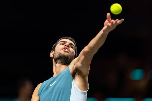 2025-02-09 ABN AMRO Open Day Seven ROTTERDAM, NETHERLANDS - FEBRUARY 9: Carlos Alcaraz of Spain in action during Day Seven of the ABN AMRO Open at Rotterdam Ahoy on February 9, 2025 in Rotterdam, Netherlands. (Photo by Joris Verwijst BSR Agency) Rotterdam Netherlands Content not available for redistribution in The Netherlands directly or indirectly through any third parties. Copyright: xBSRxAgencyx