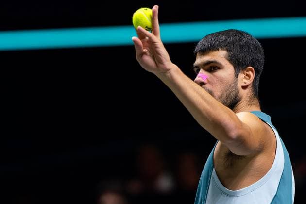 2025-02-09 ABN AMRO Open Day Seven ROTTERDAM, NETHERLANDS - FEBRUARY 9: Carlos Alcaraz of Spain in action during Day Seven of the ABN AMRO Open at Rotterdam Ahoy on February 9, 2025 in Rotterdam, Netherlands. (Photo by Joris Verwijst BSR Agency) Rotterdam Netherlands Content not available for redistribution in The Netherlands directly or indirectly through any third parties. Copyright: xBSRxAgencyx