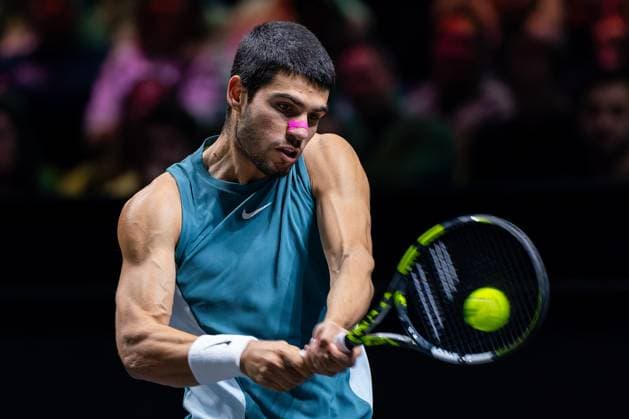 2025-02-09 ABN AMRO Open Day Seven ROTTERDAM, NETHERLANDS - FEBRUARY 9: Carlos Alcaraz of Spain in action during Day Seven of the ABN AMRO Open at Rotterdam Ahoy on February 9, 2025 in Rotterdam, Netherlands. (Photo by Joris Verwijst BSR Agency) Rotterdam Netherlands Content not available for redistribution in The Netherlands directly or indirectly through any third parties. Copyright: xBSRxAgencyx
