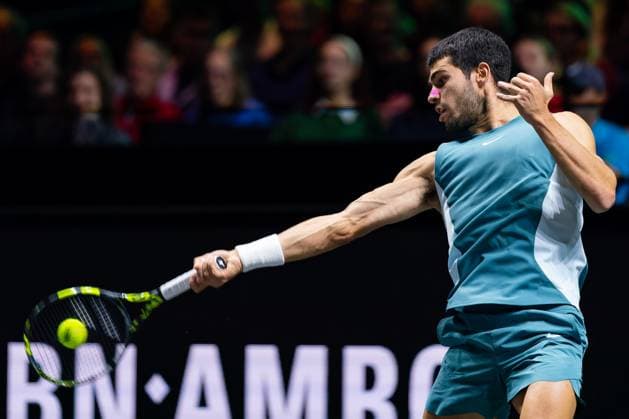 2025-02-09 ABN AMRO Open Day Seven ROTTERDAM, NETHERLANDS - FEBRUARY 9: Carlos Alcaraz of Spain in action during Day Seven of the ABN AMRO Open at Rotterdam Ahoy on February 9, 2025 in Rotterdam, Netherlands. (Photo by Joris Verwijst BSR Agency) Rotterdam Netherlands Content not available for redistribution in The Netherlands directly or indirectly through any third parties. Copyright: xBSRxAgencyx