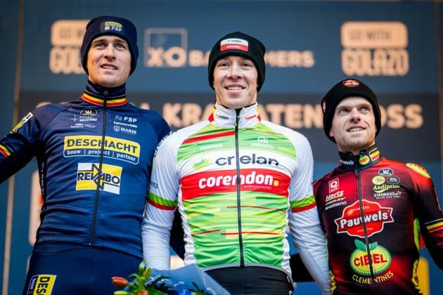 Belgian Toon Aerts, Belgian Laurens Sweeck and Belgian Eli Iserbyt celebrate on the podium after the men s elite race of the Krawatencross cyclocross in Lille, stage 7 (out of 8) in the X2O Trofee Veldrijden competition, Sunday 09 February 2025. JASPERxJACOBS  x112087894x