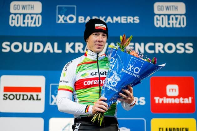 Belgian Laurens Sweeck celebrates on the podium after winning the men s elite race of the Krawatencross cyclocross in Lille, stage 7 (out of 8) in the X2O Trofee Veldrijden competition, Sunday 09 February 2025. JASPERxJACOBS  x112087928x