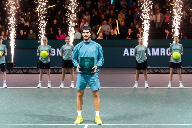 2025-02-09 ABN AMRO Open Day Seven ROTTERDAM, NETHERLANDS - FEBRUARY 9: Carlos Alcaraz of Spain celebrates his sides win with trophy during Day Seven of the ABN AMRO Open at Rotterdam Ahoy on February 9, 2025 in Rotterdam, Netherlands. (Photo by Joris Verwijst BSR Agency) Rotterdam Netherlands Content not available for redistribution in The Netherlands directly or indirectly through any third parties. Copyright: xBSRxAgencyx