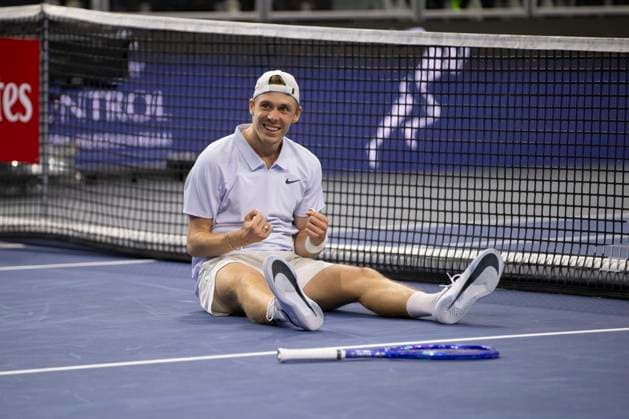 February 9, 2025, Frisco, Texas, USA: DENIS SHAPOVALOV (CAN) reacts after winning the singles final match against CASPER RUUD (NOR) during day eight of the 2025 ATP, Tennis Herren 500 Dallas Open at the Star in Frisco, TX. DENIS SHAPOVALOV (CAN) defeated CASPER RUUD (NOR), 7:6, 6:3. Frisco USA - ZUMAh193 20250209_zsp_h193_005 Copyright: xDanielxMcGregor-Huyerx