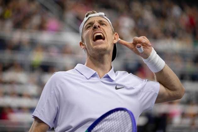 February 9, 2025, Frisco, Texas, USA: DENIS SHAPOVALOV (CAN) reacts in a singles final match against CASPER RUUD (NOR) during day eight of the 2025 ATP, Tennis Herren 500 Dallas Open at the Star in Frisco, TX. DENIS SHAPOVALOV (CAN) defeated CASPER RUUD (NOR), 7:6, 6:3. Frisco USA - ZUMAh193 20250209_zsp_h193_011 Copyright: xDanielxMcGregor-Huyerx