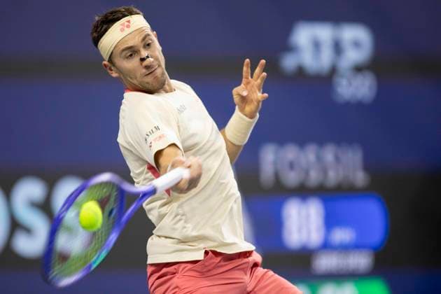 February 9, 2025, Frisco, Texas, USA: CASPER RUUD (NOR) returns with forehand in a singles final match against DENIS SHAPOVALOV (CAN) during day eight of the 2025 ATP, Tennis Herren 500 Dallas Open at the Star in Frisco, TX. DENIS SHAPOVALOV (CAN) defeated CASPER RUUD (NOR), 7:6, 6:3. Frisco USA - ZUMAh193 20250209_zsp_h193_019 Copyright: xDanielxMcGregor-Huyerx