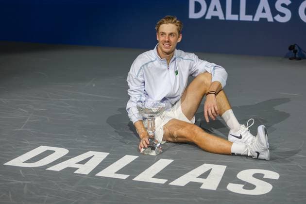 FRISCO, TX - FEBRUARY 09: Denis Shapovalov (CAN) poses with the trophy after winning the Dallas Open on February 9, 2025 at Ford Center at The Star in Frisco, TX. (Photo by George Walker Icon Sportswire) TENNIS: FEB 09 Dallas Open EDITORIAL USE ONLY Icon250209009