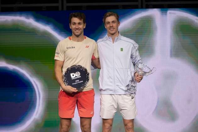 February 9, 2025, Frisco, Texas, USA: DENIS SHAPOVALOV (CAN) and CASPER RUUD (NOR) pose for a photo after the singles final during day eight of the 2025 ATP, Tennis Herren 500 Dallas Open at the Star in Frisco, TX. DENIS SHAPOVALOV (CAN) defeated CASPER RUUD (NOR), 7:6, 6:3. Frisco USA - ZUMAh193 20250209_zsp_h193_022 Copyright: xDanielxMcGregor-Huyerx