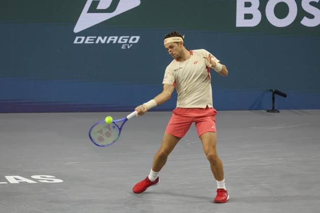 FRISCO, TX - FEBRUARY 09: Casper Ruud (NOR) hits a forehand during the final of the Dallas Open on February 9, 2025 at Ford Center at The Star in Frisco, TX. (Photo by George Walker Icon Sportswire) TENNIS: FEB 09 Dallas Open EDITORIAL USE ONLY Icon250209011