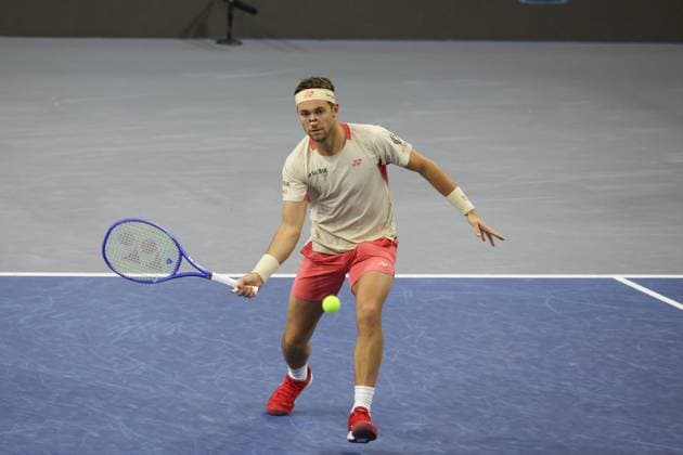 FRISCO, TX - FEBRUARY 09: Casper Ruud (NOR) hits a volley during the final of the Dallas Open on February 9, 2025 at Ford Center at The Star in Frisco, TX. (Photo by George Walker Icon Sportswire) TENNIS: FEB 09 Dallas Open EDITORIAL USE ONLY Icon250209012