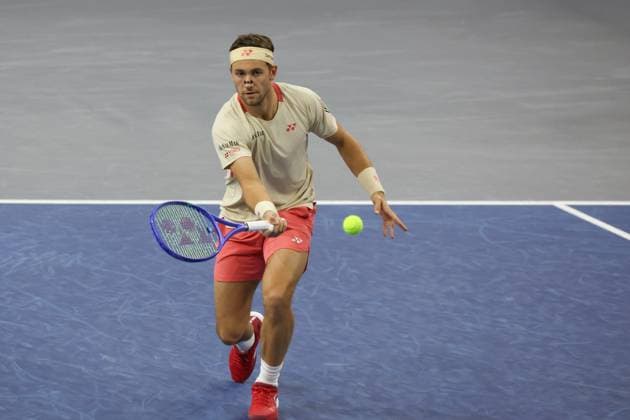 FRISCO, TX - FEBRUARY 09: Casper Ruud (NOR) hits a volley during the final of the Dallas Open on February 9, 2025 at Ford Center at The Star in Frisco, TX. (Photo by George Walker Icon Sportswire) TENNIS: FEB 09 Dallas Open EDITORIAL USE ONLY Icon250209013