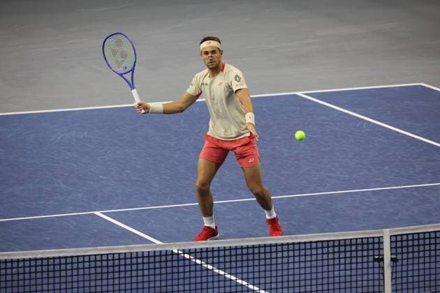 FRISCO, TX - FEBRUARY 09: Casper Ruud (NOR) hits a volley during the final of the Dallas Open on February 9, 2025 at Ford Center at The Star in Frisco, TX. (Photo by George Walker Icon Sportswire) TENNIS: FEB 09 Dallas Open EDITORIAL USE ONLY Icon250209014