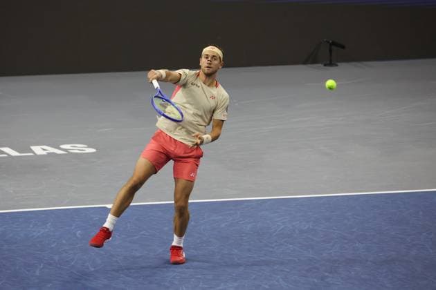 FRISCO, TX - FEBRUARY 09: Casper Ruud (NOR) hits an overhead during the final of the Dallas Open on February 9, 2025 at Ford Center at The Star in Frisco, TX. (Photo by George Walker Icon Sportswire) TENNIS: FEB 09 Dallas Open EDITORIAL USE ONLY Icon250209018