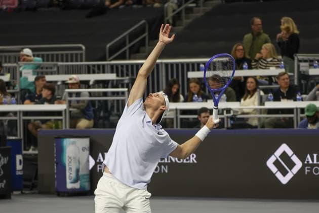 FRISCO, TX - FEBRUARY 09: Denis Shapovalov (CAN) serves during the final of the Dallas Open on February 9, 2025 at Ford Center at The Star in Frisco, TX. (Photo by George Walker Icon Sportswire) TENNIS: FEB 09 Dallas Open EDITORIAL USE ONLY Icon250209019