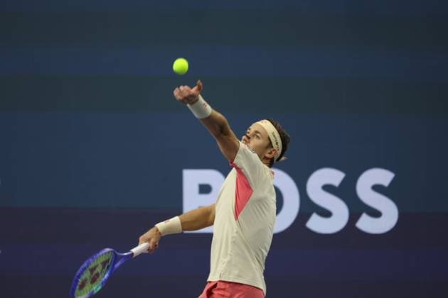 FRISCO, TX - FEBRUARY 09: Casper Ruud (NOR) serves during the final of the Dallas Open on February 9, 2025 at Ford Center at The Star in Frisco, TX. (Photo by George Walker Icon Sportswire) TENNIS: FEB 09 Dallas Open EDITORIAL USE ONLY Icon250209021