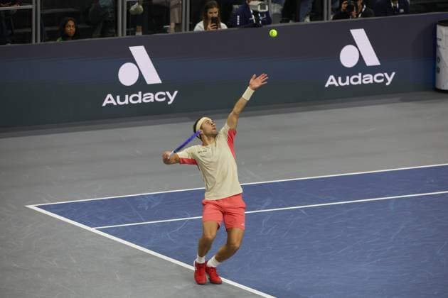 FRISCO, TX - FEBRUARY 09: Casper Ruud (NOR) serves during the final of the Dallas Open on February 9, 2025 at Ford Center at The Star in Frisco, TX. (Photo by George Walker Icon Sportswire) TENNIS: FEB 09 Dallas Open EDITORIAL USE ONLY Icon250209023