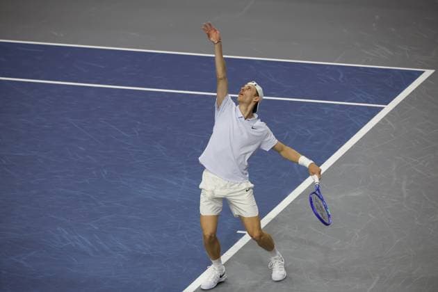 FRISCO, TX - FEBRUARY 09: Denis Shapovalov (CAN) serves during the final of the Dallas Open on February 9, 2025 at Ford Center at The Star in Frisco, TX. (Photo by George Walker Icon Sportswire) TENNIS: FEB 09 Dallas Open EDITORIAL USE ONLY Icon250209025