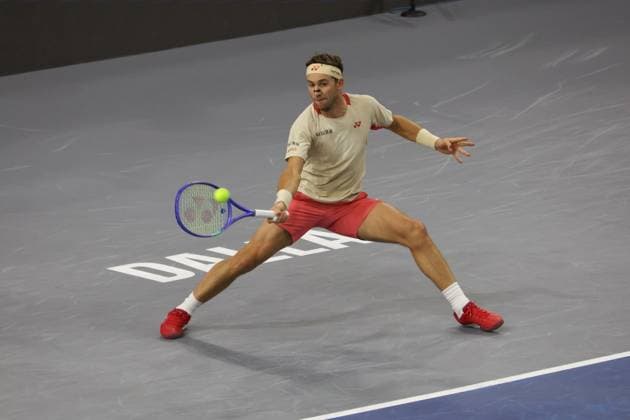 FRISCO, TX - FEBRUARY 09: Casper Ruud (NOR) hits a forehand during the final of the Dallas Open on February 9, 2025 at Ford Center at The Star in Frisco, TX. (Photo by George Walker Icon Sportswire) TENNIS: FEB 09 Dallas Open EDITORIAL USE ONLY Icon250209027