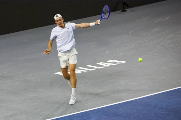 FRISCO, TX - FEBRUARY 09: Denis Shapovalov (CAN) hits a backhand during the final of the Dallas Open on February 9, 2025 at Ford Center at The Star in Frisco, TX. (Photo by George Walker Icon Sportswire) TENNIS: FEB 09 Dallas Open EDITORIAL USE ONLY Icon250209029