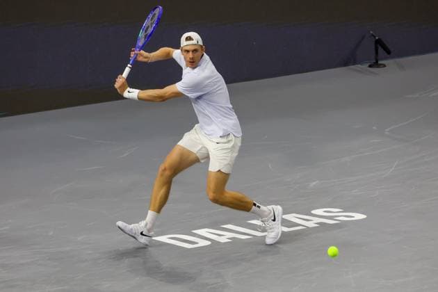 FRISCO, TX - FEBRUARY 09: Denis Shapovalov (CAN) hits a backhand during the final of the Dallas Open on February 9, 2025 at Ford Center at The Star in Frisco, TX. (Photo by George Walker Icon Sportswire) TENNIS: FEB 09 Dallas Open EDITORIAL USE ONLY Icon250209031