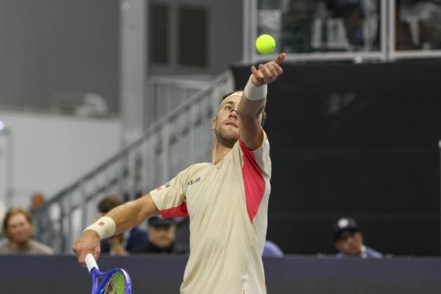 FRISCO, TX - FEBRUARY 09: Casper Ruud (NOR) serves during the final of the Dallas Open on February 9, 2025 at Ford Center at The Star in Frisco, TX. (Photo by George Walker Icon Sportswire) TENNIS: FEB 09 Dallas Open EDITORIAL USE ONLY Icon250209032