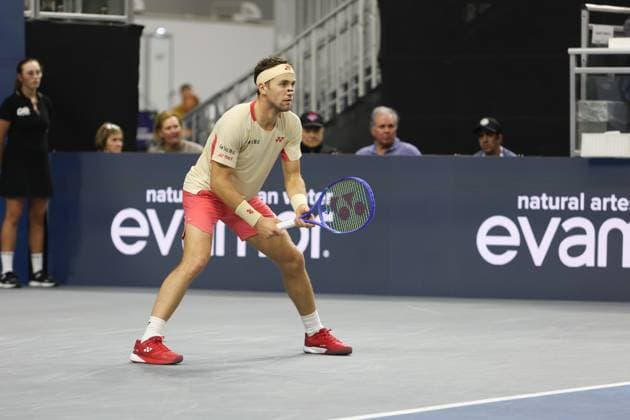 FRISCO, TX - FEBRUARY 09: Casper Ruud (NOR) receives serve during the final of the Dallas Open on February 9, 2025 at Ford Center at The Star in Frisco, TX. (Photo by George Walker Icon Sportswire) TENNIS: FEB 09 Dallas Open EDITORIAL USE ONLY Icon250209033