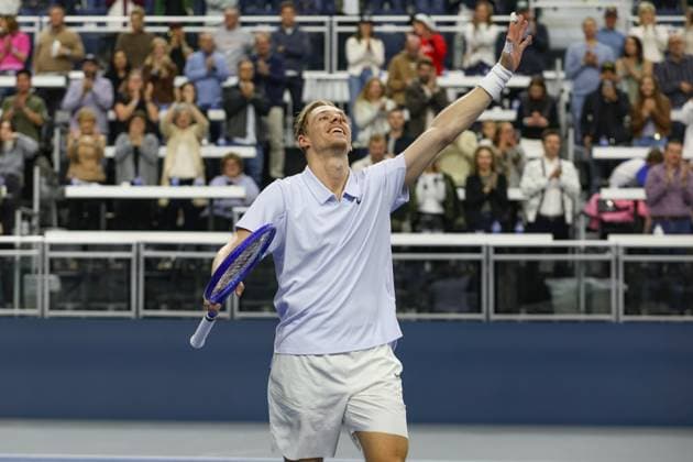 FRISCO, TX - FEBRUARY 09: Denis Shapovalov (CAN) celebrates after winning the Dallas Open on February 9, 2025 at Ford Center at The Star in Frisco, TX. (Photo by George Walker Icon Sportswire) TENNIS: FEB 09 Dallas Open EDITORIAL USE ONLY Icon250209037