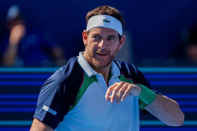 DELRAY BEACH, FL - FEBRUARY 09: Juan Martin Del Potro (ARG) looks on during the Legends Event match against Bob Bryan (USA) and Mike Bryan (USA) at the Delray Beach Open on Sunday February 9, 2025, at the Delray Beach Stadium & Tennis Center in Delray Beach, Florida.(Photo by Chris Arjoon Icon Sportswire) TENNIS: FEB 09 Delray Beach Open EDITORIAL USE ONLY Icon25020900167
