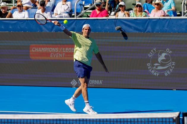 DELRAY BEACH, FL - FEBRUARY 09: Tommy Haas (GER) in action during the Legends Event match against Bob Bryan (USA) and Mike Bryan (USA) at the Delray Beach Open on Sunday February 9, 2025, at the Delray Beach Stadium & Tennis Center in Delray Beach, Florida.(Photo by Chris Arjoon Icon Sportswire) TENNIS: FEB 09 Delray Beach Open EDITORIAL USE ONLY Icon25020900177