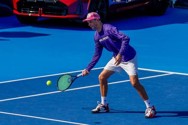 DELRAY BEACH, FL - FEBRUARY 09: Mike Bryan (USA) in action during the Legends Event match against Tommy Haas (GER) and Juan Martin Del Potro (ARG) at the Delray Beach Open on Sunday February 9, 2025, at the Delray Beach Stadium & Tennis Center in Delray Beach, Florida.(Photo by Chris Arjoon Icon Sportswire) TENNIS: FEB 09 Delray Beach Open EDITORIAL USE ONLY Icon25020900182