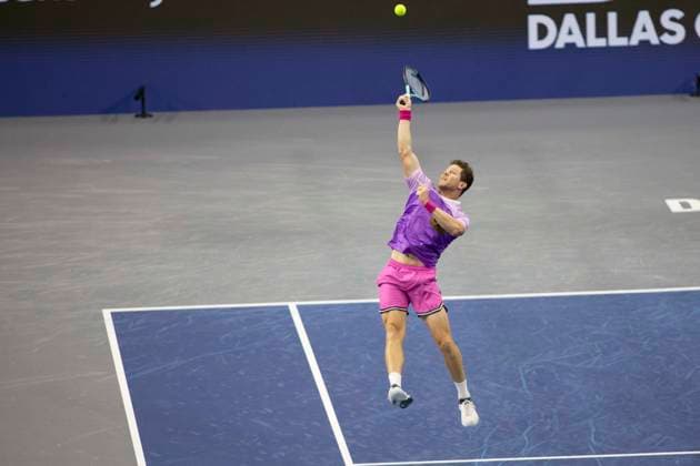 February 9, 2025, Frisco, Texas, USA: ARIEL BEHAR (URY) volleys in a doubles final match against EVAN KING (USA) CHRISTIAN HARRISON (USA) during day eight of the 2025 ATP, Tennis Herren 500 Dallas Open at the Star in Frisco, TX. EVAN KING (USA) CHRISTIAN HARRISON (USA) defeated ARIEL BEHAR (URY) ROBERT GALLOWAY (USA), 7:6, 7:6. Frisco USA - ZUMAh193 20250209_zsp_h193_026 Copyright: xDanielxMcGregor-Huyerx