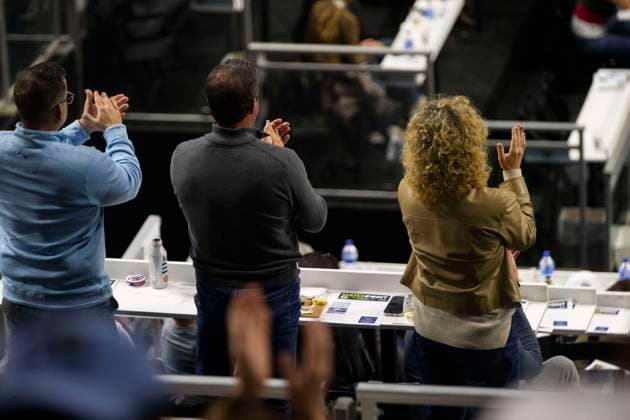 February 9, 2025, Frisco, Texas, USA: Fans cheer in a doubles final match during day eight of the 2025 ATP, Tennis Herren 500 Dallas Open at the Star in Frisco, TX. EVAN KING (USA) CHRISTIAN HARRISON (USA) defeated ARIEL BEHAR (URY) ROBERT GALLOWAY (USA), 7:6, 7:6. Frisco USA - ZUMAh193 20250209_zsp_h193_032 Copyright: xDanielxMcGregor-Huyerx