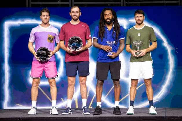 February 9, 2025, Frisco, Texas, USA: (Left to right) ARIEL BEHAR (URY), ROBERT GALLOWAY (USA), EVAN KING (USA), and CHRISTIAN HARRISON (USA) pose for a photo after a doubles final match during day eight of the 2025 ATP, Tennis Herren 500 Dallas Open at the Star in Frisco, TX. EVAN KING (USA) CHRISTIAN HARRISON (USA) defeated ARIEL BEHAR (URY) ROBERT GALLOWAY (USA), 7:6, 7:6. Frisco USA - ZUMAh193 20250209_zsp_h193_033 Copyright: xDanielxMcGregor-Huyerx