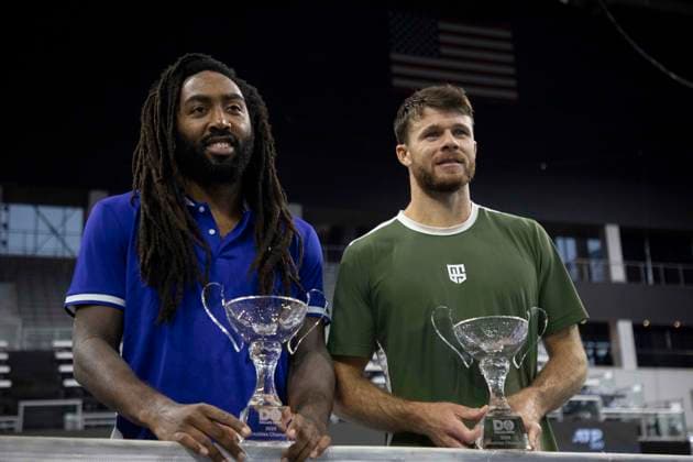 February 9, 2025, Frisco, Texas, USA: (Left to right) EVAN KING (USA) and CHRISTIAN HARRISON (USA) celebrate after winning a doubles final match against ARIEL BEHAR (URY) ROBERT GALLOWAY (USA) during day eight of the 2025 ATP, Tennis Herren 500 Dallas Open at the Star in Frisco, TX. EVAN KING (USA) CHRISTIAN HARRISON (USA) defeated ARIEL BEHAR (URY) ROBERT GALLOWAY (USA), 7:6, 7:6. Frisco USA - ZUMAh193 20250209_zsp_h193_038 Copyright: xDanielxMcGregor-Huyerx