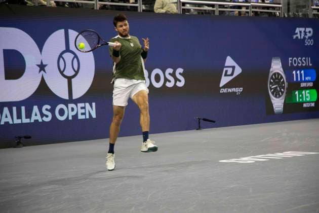 February 9, 2025, Frisco, Texas, USA: CHRISTIAN HARRISON (USA) returns with a forehand in a doubles final match against ARIEL BEHAR (URY) ROBERT GALLOWAY (USA) during day eight of the 2025 ATP, Tennis Herren 500 Dallas Open at the Star in Frisco, TX. EVAN KING (USA) CHRISTIAN HARRISON (USA) defeated ARIEL BEHAR (URY) ROBERT GALLOWAY (USA), 7:6, 7:6. Frisco USA - ZUMAh193 20250209_zsp_h193_045 Copyright: xDanielxMcGregor-Huyerx