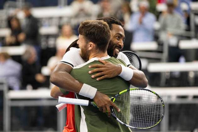 February 9, 2025, Frisco, Texas, USA: (Left to right) EVAN KING (USA) and CHRISTIAN HARRISON (USA) react after winning a doubles final match against ARIEL BEHAR (URY) ROBERT GALLOWAY (USA) during day eight of the 2025 ATP, Tennis Herren 500 Dallas Open at the Star in Frisco, TX. EVAN KING (USA) CHRISTIAN HARRISON (USA) defeated ARIEL BEHAR (URY) ROBERT GALLOWAY (USA), 7:6, 7:6. Frisco USA - ZUMAh193 20250209_zsp_h193_048 Copyright: xDanielxMcGregor-Huyerx