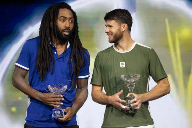February 9, 2025, Frisco, Texas, USA: (Left to right) EVAN KING (USA) and CHRISTIAN HARRISON (USA) celebrate after winning a doubles final match against ARIEL BEHAR (URY) ROBERT GALLOWAY (USA) during day eight of the 2025 ATP, Tennis Herren 500 Dallas Open at the Star in Frisco, TX. EVAN KING (USA) CHRISTIAN HARRISON (USA) defeated ARIEL BEHAR (URY) ROBERT GALLOWAY (USA), 7:6, 7:6. Frisco USA - ZUMAh193 20250209_zsp_h193_051 Copyright: xDanielxMcGregor-Huyerx
