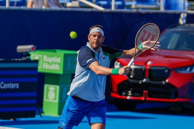 DELRAY BEACH, FL - FEBRUARY 09: Juan Martin Del Potro (ARG) in action during the Legends Event match against Bob Bryan (USA) and Mike Bryan (USA) at the Delray Beach Open on Sunday February 9, 2025, at the Delray Beach Stadium & Tennis Center in Delray Beach, Florida.(Photo by Chris Arjoon Icon Sportswire) TENNIS: FEB 09 Delray Beach Open EDITORIAL USE ONLY Icon25020900189