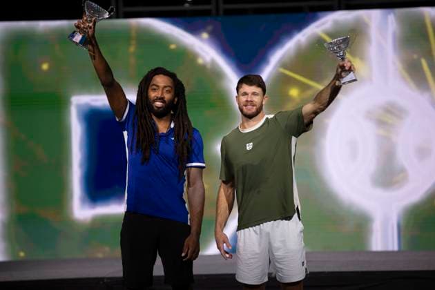 February 9, 2025, Frisco, Texas, USA: (Left to right) EVAN KING (USA) and CHRISTIAN HARRISON (USA) celebrate after winning a doubles final match against ARIEL BEHAR (URY) ROBERT GALLOWAY (USA) during day eight of the 2025 ATP, Tennis Herren 500 Dallas Open at the Star in Frisco, TX. EVAN KING (USA) CHRISTIAN HARRISON (USA) defeated ARIEL BEHAR (URY) ROBERT GALLOWAY (USA), 7:6, 7:6. Frisco USA - ZUMAh193 20250209_zsp_h193_053 Copyright: xDanielxMcGregor-Huyerx