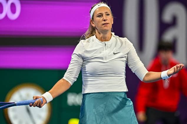 WTA, Tennis Damen QATAR OPEN TENNIS TOURNAMENT FIRST ROUND Victoria Azarenka competes in her 1st round match against Amanda Anisimova of United States during the WTA Qatar TotalEnergies Open 2025 tennis tournament at the Khalifa International Tennis Complex in Doha, Qatar, on February 9, 2025. Copyright: xNOUSHADx