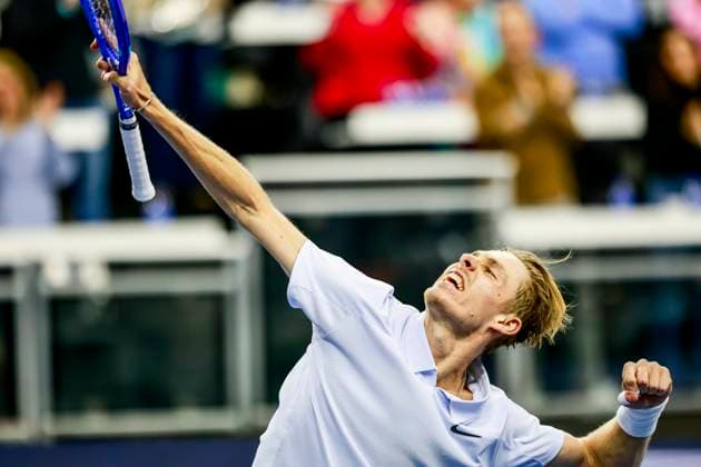 February 9, 2025, Frisco, Texas, USA: DENIS SHAPOVALOV of Canada celebrates his win during the finals of the ATP, Tennis Herren Dallas Open at Ford Center at The Star. Shapovalov won 7:6, 6:3. Frisco USA - ZUMAf180 20250209_zsp_f180_004 Copyright: xMarkxFannx